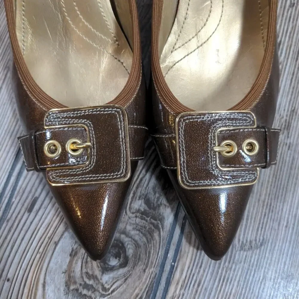 Tahari Adam Pointed Toe Heels Patent Glitter Bronze Brown‎ Designer Pumps Sz 6.5